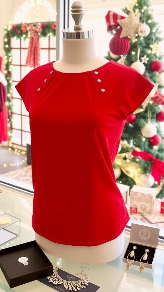 A vibrant red top on a mannequin with holiday decorations in the background, showcasing a festive outfit for Christmas.